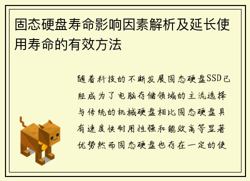 固态硬盘寿命影响因素解析及延长使用寿命的有效方法